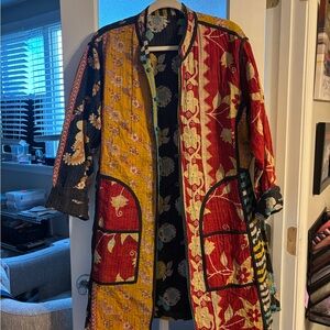 Colorful Bohemian Patchwork Long Jacket - Red & Mustard